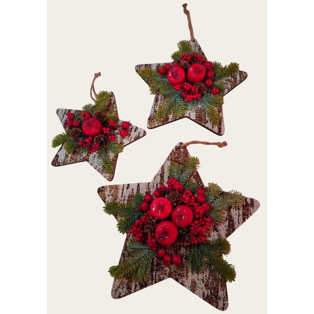 Set Of 3 Rustic Star-Shaped Christmas Wall Decorations With Faux Apples Berries